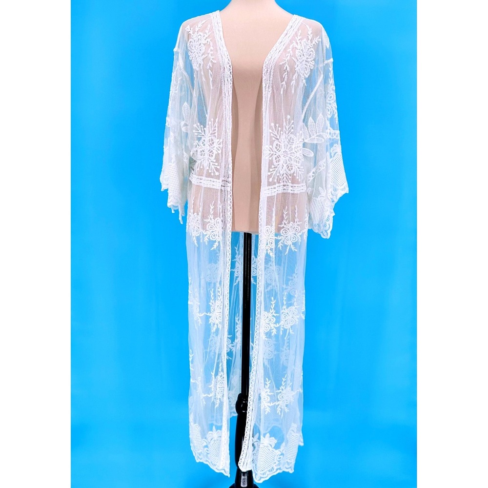 Anna-Kaci White Floral Lace Maxi Cardigan Duster Open Front Womens Bride Cottage